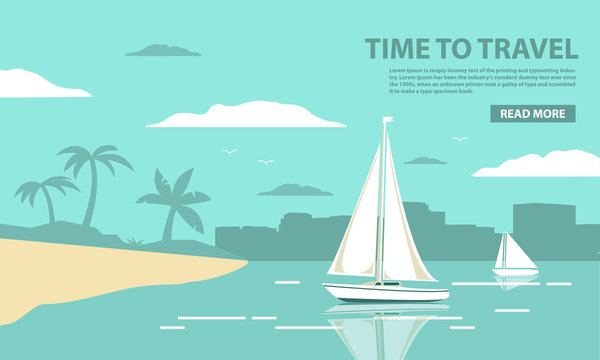 Tropical landscape with the sailing yacht and the sandy beach with palm trees and a silhouette of the city. In flat style a vector. A concept of design of a poster for the website, mobile applications