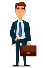 Business man in formal suit holding briefcase, cartoon character.
