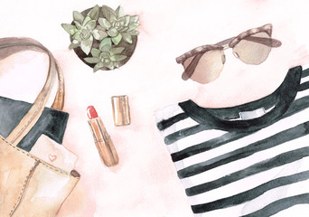 Watercolor flat lay with glasses stripes t-shirt woman bag with dairy and cactus and lipstick on pink background - 174002804