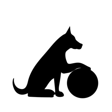 Vector silhouette of dog with ball on white background.