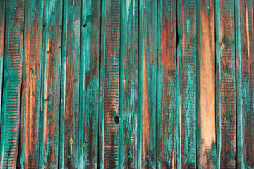 Cracked old boards with peeling green paint.