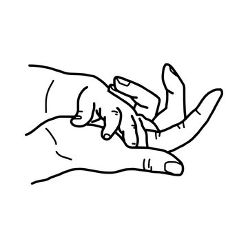 hand of baby and mother holding vector illustration sketch hand drawn with black lines, isolated on white background