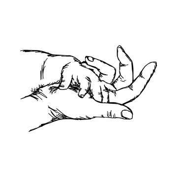 hand of baby on mother vector illustration sketch hand drawn with black lines, isolated on white background