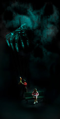 Murder / View of miniature human toy and evil hand on dark background. Murder mystery.