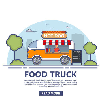 The truck with food.Trading in hot dogs.Street food.Cooking in the van.Fast-food car.Design concept posters and banners on the websites on delivery  for a mobile application.A vector in flat linear 