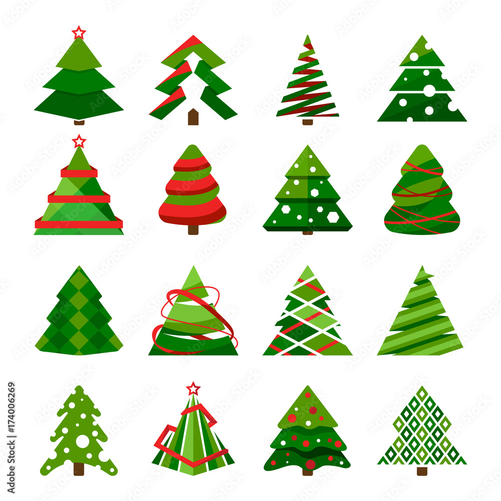 Poster Christmas tree in different styles. Vector set of stylized illustrations