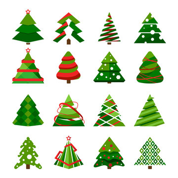 Christmas tree in different styles. Vector set of stylized illustrations