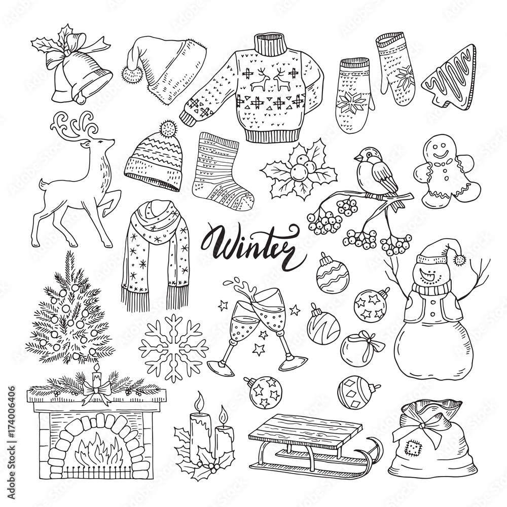 Aufkleber set of different winters elements. vector illustrations of holiday objects