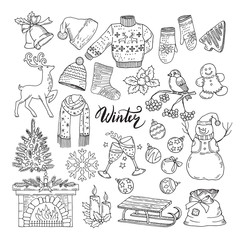 Set of different winters elements. Vector illustrations of holiday objects