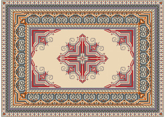 Luxurious ethnic carpet with beige and red ornaments along the edges and on a pale yellow in the middle



