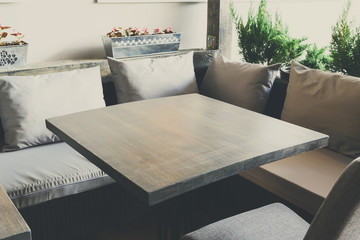 Cozy wooden interior of restaurant, copy space