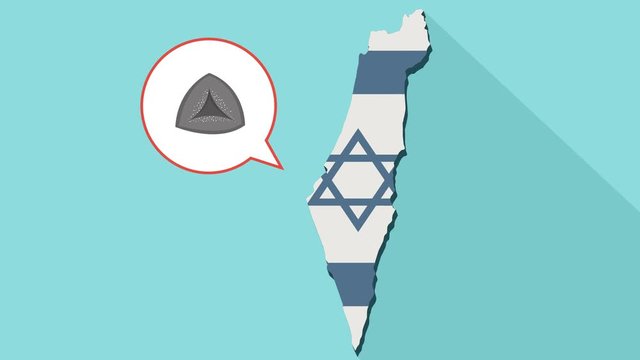 Animation of a long shadow Israel map with its flag and a comic balloon with a hamantash