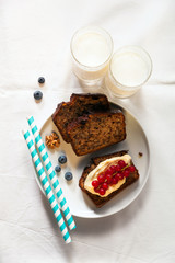  banana bread  and milk. healthy snack