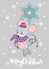 Greeting card with a Christmas mouse. Merry Christmas hand drawn lettering.