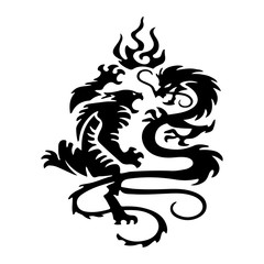 Black Silhouette Fighting tiger and dragon, tattoo isolated on white background.