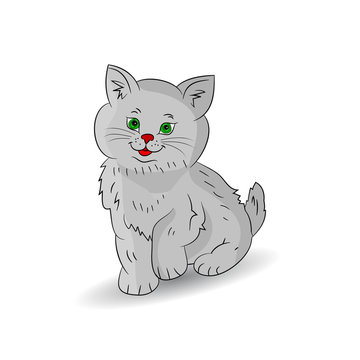 Cute gray kitten sitting, cartoon on a white background.