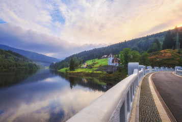 Early morning on the river Elbe. View of the dam. Czech Republic.