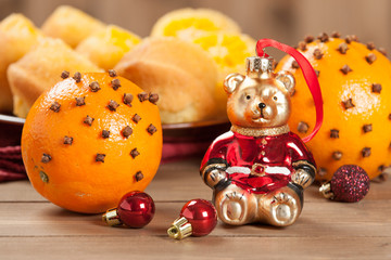 Pomander Oranges With Clove And Spices. Christmas Tree Bear Toy.