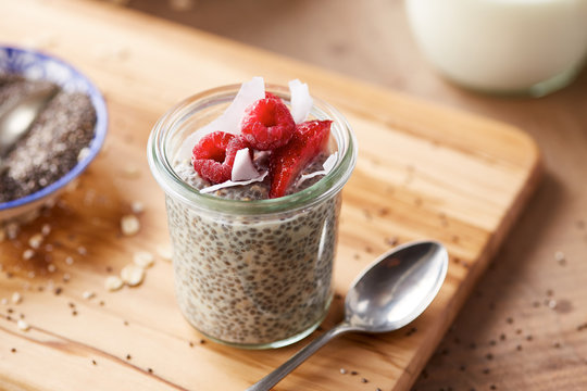 Close-up of tasty homemade vanilla chia pudding in glass
