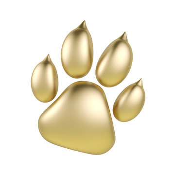Golden paw print icon isolated on white background. Dog paw footprint 3d rendering