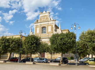 Fototapeta na wymiar Principal facade of Chiesa Santa Teresa church in Piazza Santa Teresa square of Brindisi, Apulia, Italy.