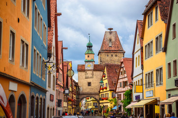 Obraz premium Beautiful streets in Rothenburg ob der Tauber with traditional German houses, Bavaria, Germany