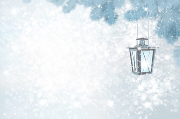 Vector Christmas  lantern  on bokeh winter background.