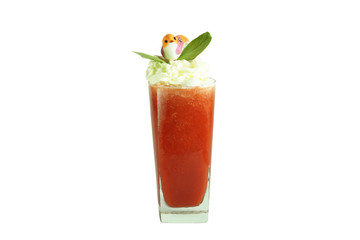 Tomato, strawberry smoothies, red juice with whip cream, leaf and bird decorating isolated on white background