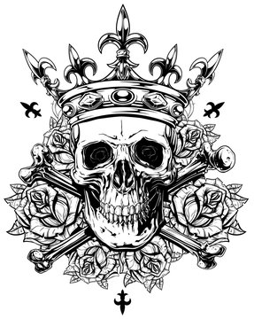 Graphic human skull with crossed bones and crown