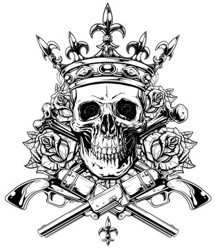 Graphic skull with crossed bones and revolvers