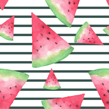 Seamless background with watermelon slices on stripes. Hand drawn watercolor. design for greeting card and invitation of seasonal summer holiday.