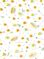 Vertical Fruity pattern. Fruits, plants and flowers on a white background. Food background. Top view.	
