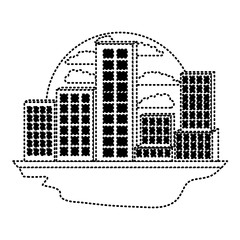 building set big city in circular frame with cloud landscape on monochrome dotted silhouette