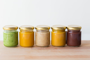 vegetable or fruit puree or baby food in jars