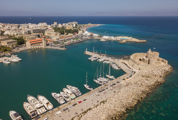 Fototapeta premium Aerial view of Mandrake Port and Fort of St. Nicholas. Rhodes, Greece