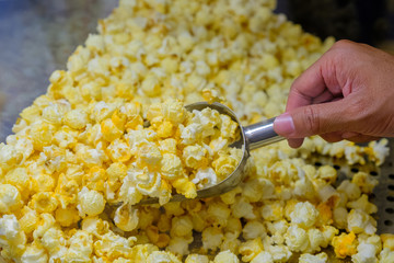 Sweet popcorn shop close up view