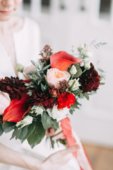 the bride's bouquet of peonies and roses, asymmetrical and modern