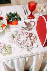 wedding table decor newlyweds, details with blurred background
