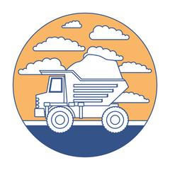 dump truck in circular frame with cloud landscape on color section silhouette