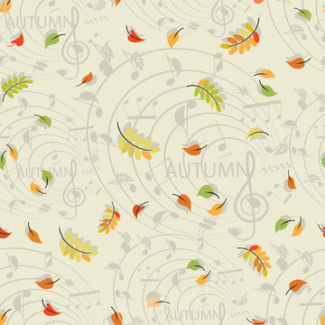 Leaf fall. Music of autumn. Seamless pattern. Abstract musical composition with musical symbols and autumn leaves. Design for printing on paper, textiles, ceramics or packaging materials.