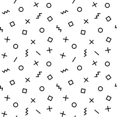 Geometric vector pattern with elements in black and white. Rectangle, zigzag, line, circle in Memphis style, hipster fashion