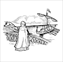Hand drawn illustration. Black and white sketch of sailing ship. vector illustration.