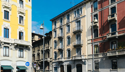 Colourful buildings from the late 19th century in the Historic Centre of Milan, Lombardy, Italy