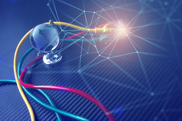 glass earth global world with lan wire and network background