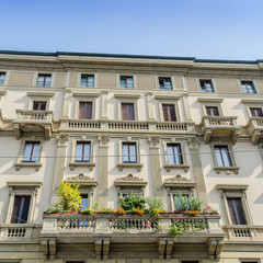 Colourful buildings from the late 19th century in the Historic Centre of Milan, Lombardy, Italy