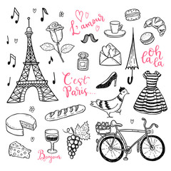 Doodle vector set with hand drawn Paris, France symbols. © teploleta