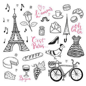 Doodle vector set with hand drawn Paris, France symbols.