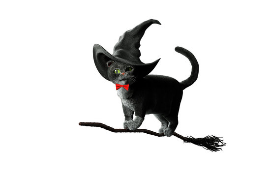 3D Illustration of cat wearing a witches hat on Halloween flying on a broom on a white background