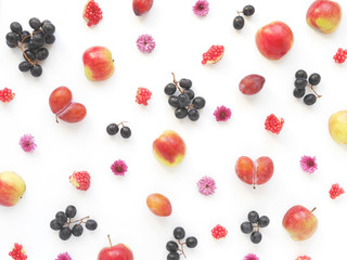 Naklejka na ściany i meble Сomposition of fruits on a white background. Pattern made from fresh fruits. Top view, flat design. Collage of plum, grapes, flowers. 