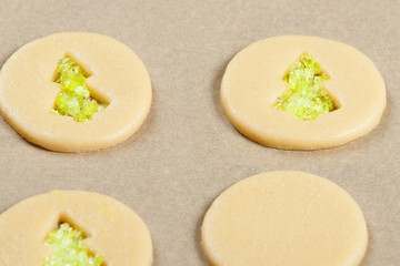 Raw Crystal Cookies In Baking Tray. Sugar Cookies Dough.